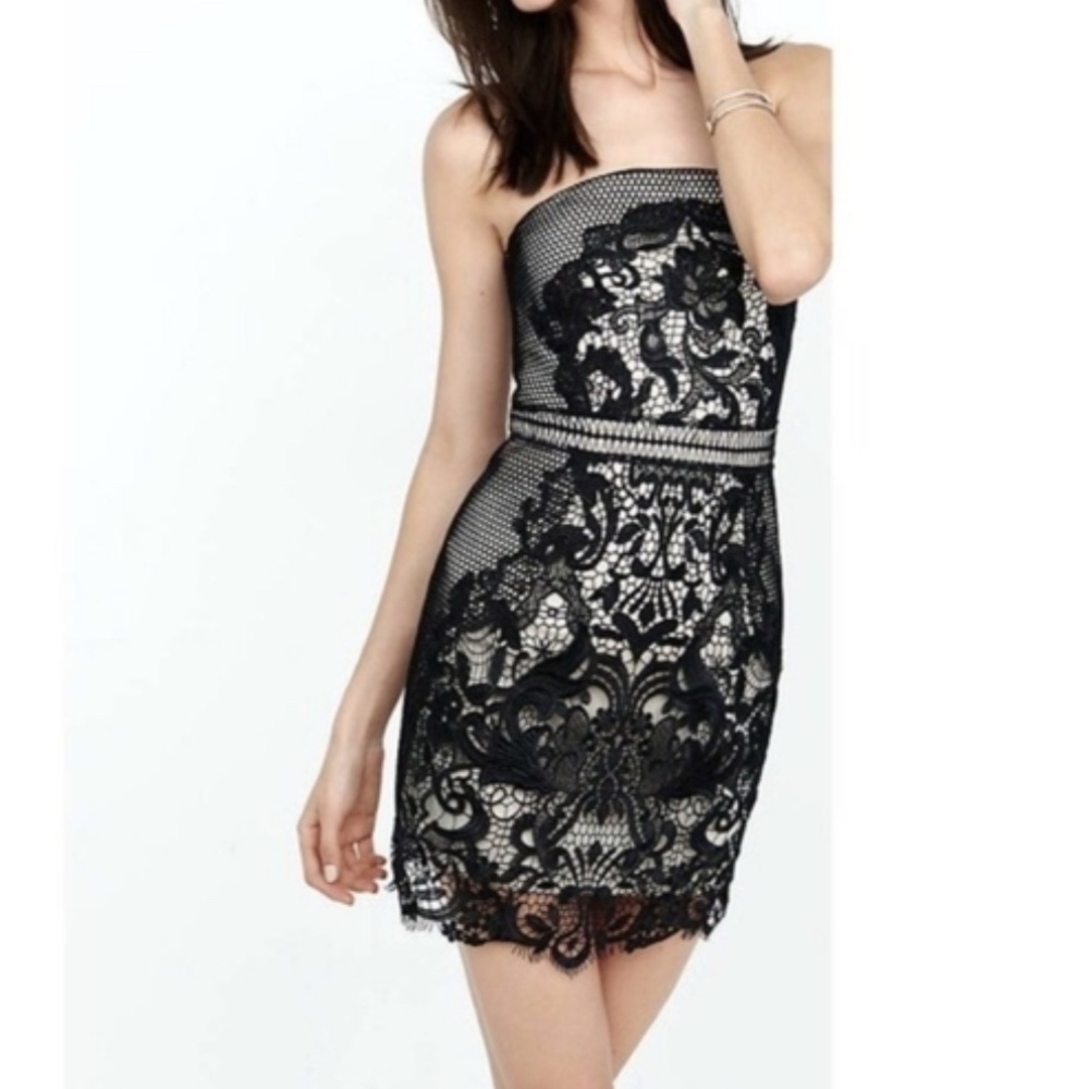 Express Black Mini Dress‎ Women 6 Lace Floral Y2K Strapless Nude Lining Elegant